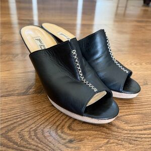 Paul Green Black Leather Peep-Toe Mule with Contrast Stitching
